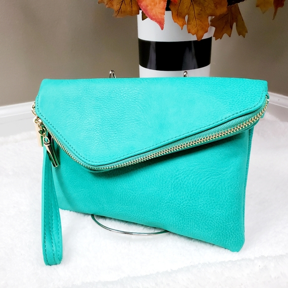 Handbags - Faux Leather Convertible Flap Clutch | Turquoise